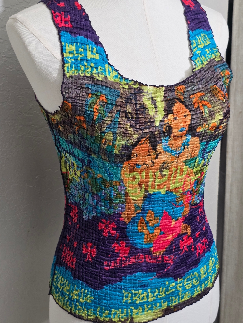 Vintage 90s Popcorn Top Gauguin Art Print Crinkle Stretch Tank Y2K Rare M - Picture 5 of 13